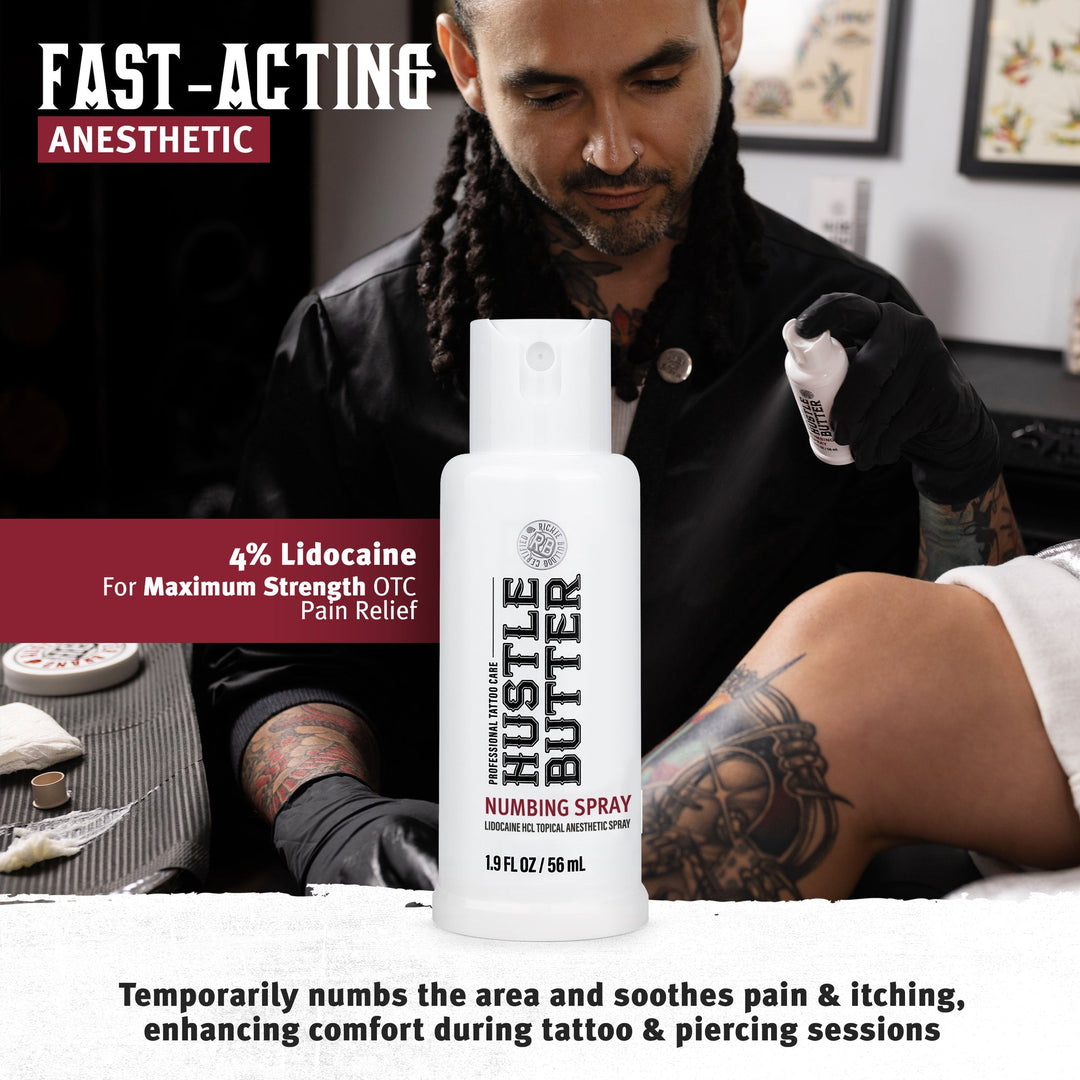 Hustle Butter Numbing Spray used during a tattoo session
