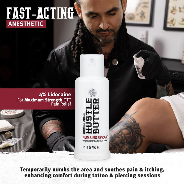 Hustle Butter Numbing Spray used during a tattoo session