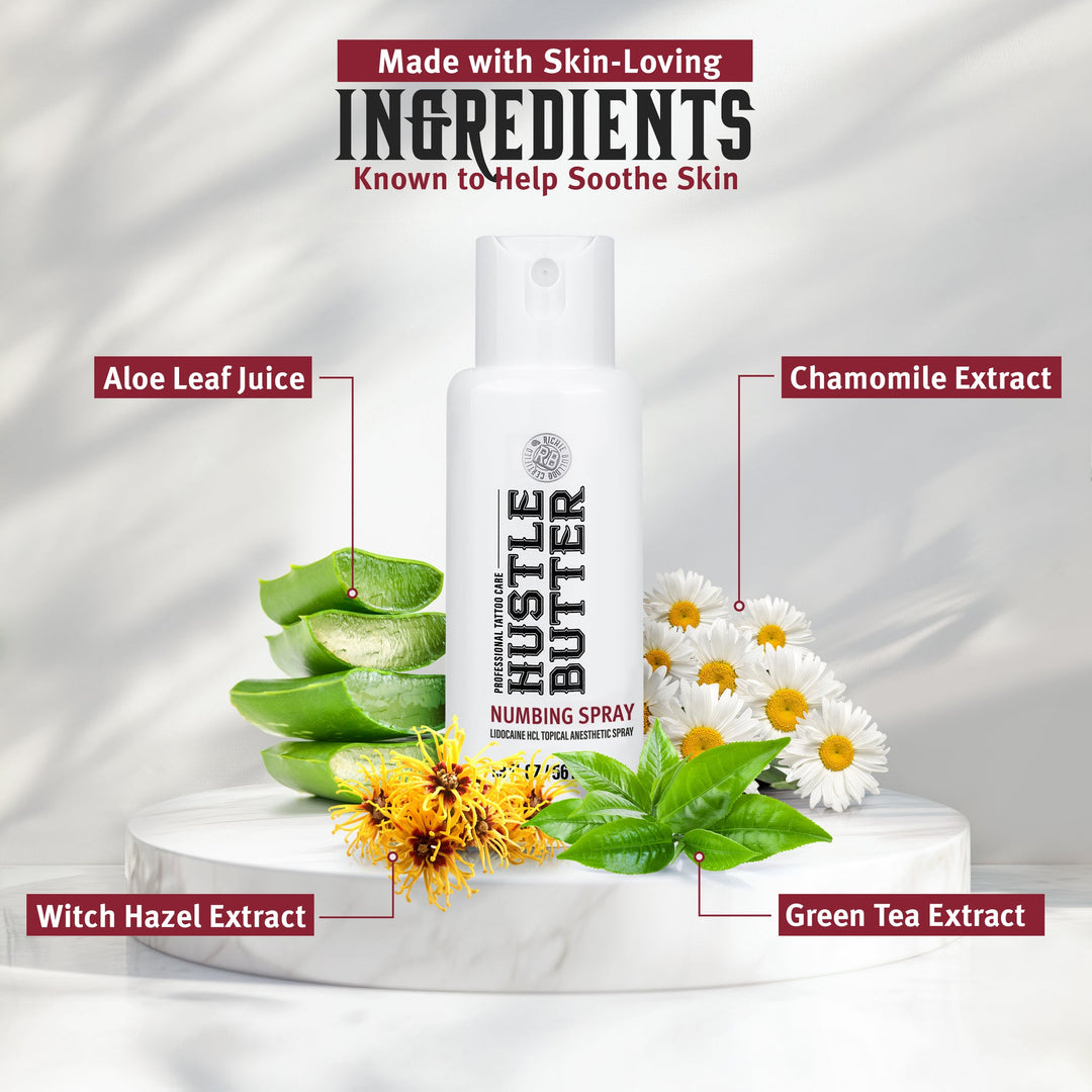 Hustle Butter Numbing Spray ingredients: aloe, chamomile, witch hazel, green tea